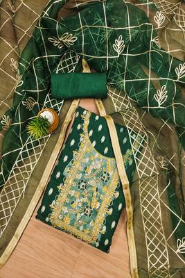 Green colour with embroidered work organza semi stitched dress with unstitched bottom 1