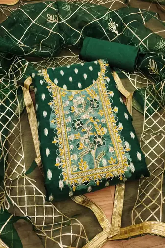 Green colour with embroidered work organza semi stitched dress with unstitched bottom