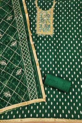 Green colour with embroidered work organza semi stitched dress with unstitched bottom 3