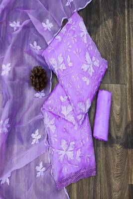 Lavendar colour with embroidery work organza semi stitched dress with unstitched bottom 1