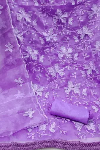 Lavendar colour with embroidery work organza semi stitched dress with unstitched bottom
