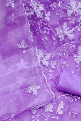 Lavendar colour with embroidery work organza semi stitched dress with unstitched bottom