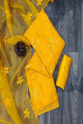 Mustard colour with embroidery work organza semi stitched dress with unstitched bottom 1