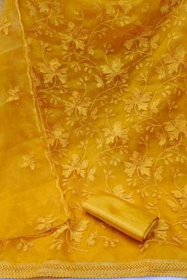 Mustard colour with embroidery work organza semi stitched dress with unstitched bottom 2