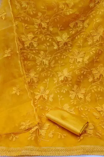 Mustard colour with embroidery work organza semi stitched dress with unstitched bottom