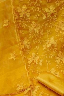Mustard colour with embroidery work organza semi stitched dress with unstitched bottom 3