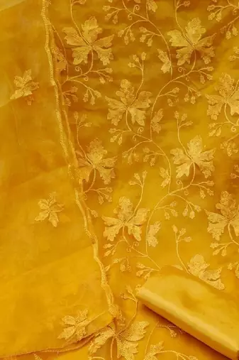 Mustard colour with embroidery work organza semi stitched dress with unstitched bottom