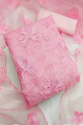 Pink colour with embroidery work organza semi stitched dress with unstitched bottom 1