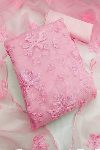 Pink colour with embroidery work organza semi stitched dress with unstitched bottom