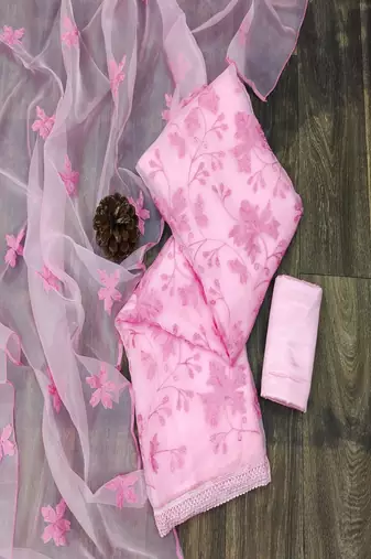 Pink colour with embroidery work organza semi stitched dress with unstitched bottom
