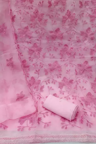 Pink colour with embroidery work organza semi stitched dress with unstitched bottom