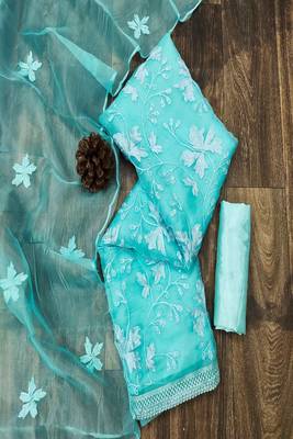 Sky colour with embroidery work organza semi stitched dress with unstitched bottom 1