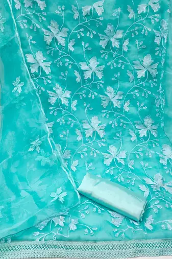 Sky colour with embroidery work organza semi stitched dress with unstitched bottom