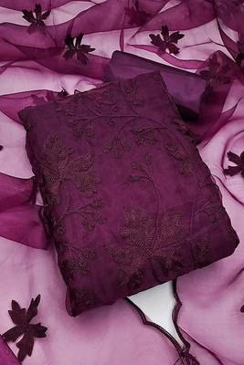 Wine colour with embroidery work organza semi stitched dress with unstitched bottom 1