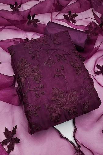 Wine colour with embroidery work organza semi stitched dress with unstitched bottom