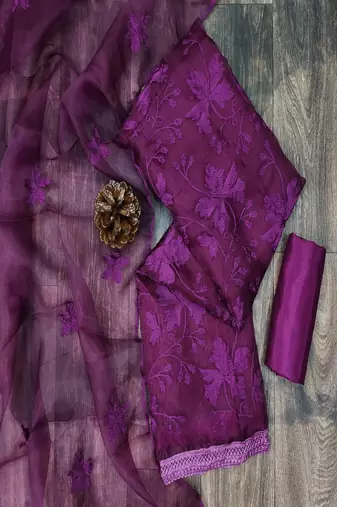 Wine colour with embroidery work organza semi stitched dress with unstitched bottom