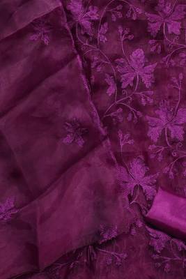 Wine colour with embroidery work organza semi stitched dress with unstitched bottom 4