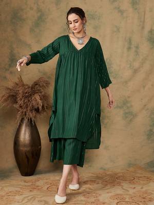 PINE GREEN LUREX FLARED V NECK KURTA PALAZZO SET 1