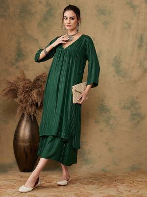 PINE GREEN LUREX FLARED V NECK KURTA PALAZZO SET 2