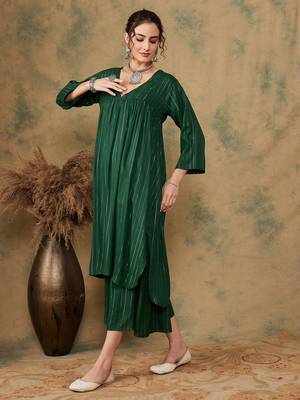 PINE GREEN LUREX FLARED V NECK KURTA PALAZZO SET 3
