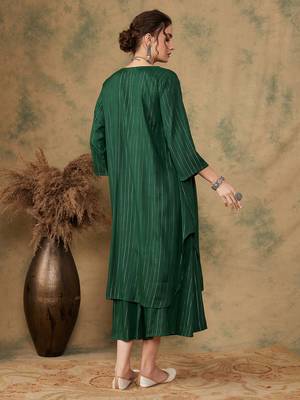 PINE GREEN LUREX FLARED V NECK KURTA PALAZZO SET 4