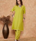 PEAR GREEN SOLID LACE WROK KIMONO SLEEVE KURTA SET