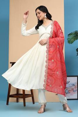 Trendmalls Women's Cotton Embroidery Work Salwar Suit with Bandhani Print Dupatta Set 1