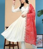 Trendmalls Women's Cotton Embroidery Work Salwar Suit with Bandhani Print Dupatta Set