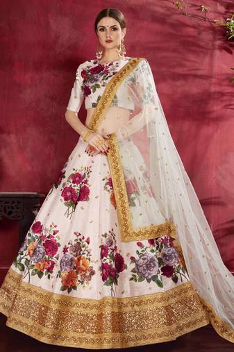 GLAMOROUS CREAM PEARL, DORI AND SEQUINS EMBROIDERED ART SILK FABRIC LEHENGA CHOLI FOR FESTIVAL