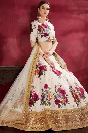 GLAMOROUS CREAM PEARL, DORI AND SEQUINS EMBROIDERED ART SILK FABRIC LEHENGA CHOLI FOR FESTIVAL