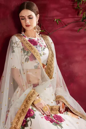 GLAMOROUS CREAM PEARL, DORI AND SEQUINS EMBROIDERED ART SILK FABRIC LEHENGA CHOLI FOR FESTIVAL