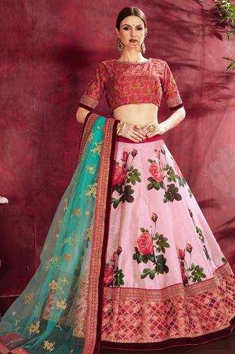 ROSE PINK DORI AND SEQUINS EMBROIDERED & DIGITAL FLORAL PRINTED ART SILK BRIDAL LEHENGA
