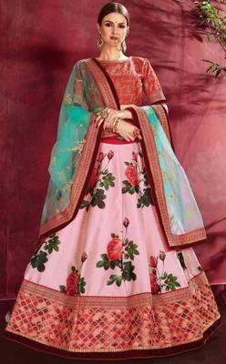 ROSE PINK DORI AND SEQUINS EMBROIDERED & DIGITAL FLORAL PRINTED ART SILK BRIDAL LEHENGA 3