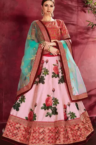 ROSE PINK DORI AND SEQUINS EMBROIDERED & DIGITAL FLORAL PRINTED ART SILK BRIDAL LEHENGA