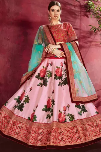 ROSE PINK DORI AND SEQUINS EMBROIDERED & DIGITAL FLORAL PRINTED ART SILK BRIDAL LEHENGA