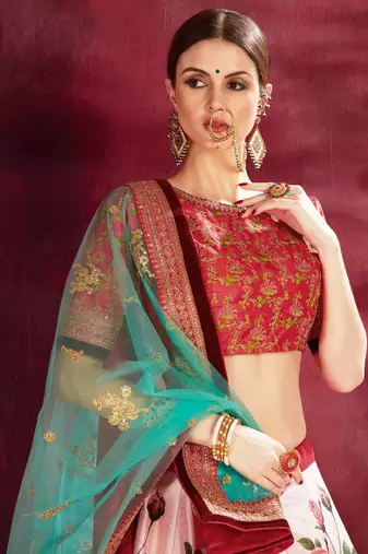 ROSE PINK DORI AND SEQUINS EMBROIDERED & DIGITAL FLORAL PRINTED ART SILK BRIDAL LEHENGA