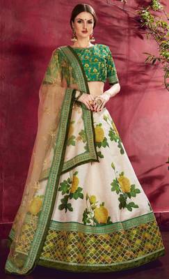 GREEN DORI AND SEQUINS EMBROIDERED & DIGITAL FLORAL PRINTED ART SILK PARTY LEHENGA 1