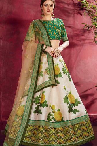 GREEN DORI AND SEQUINS EMBROIDERED & DIGITAL FLORAL PRINTED ART SILK PARTY LEHENGA