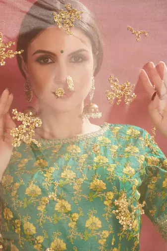 GREEN DORI AND SEQUINS EMBROIDERED & DIGITAL FLORAL PRINTED ART SILK PARTY LEHENGA