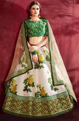 GREEN DORI AND SEQUINS EMBROIDERED & DIGITAL FLORAL PRINTED ART SILK PARTY LEHENGA 3