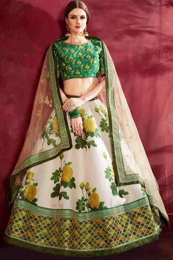 GREEN DORI AND SEQUINS EMBROIDERED & DIGITAL FLORAL PRINTED ART SILK PARTY LEHENGA