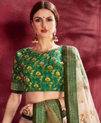 GREEN DORI AND SEQUINS EMBROIDERED & DIGITAL FLORAL PRINTED ART SILK PARTY LEHENGA 5
