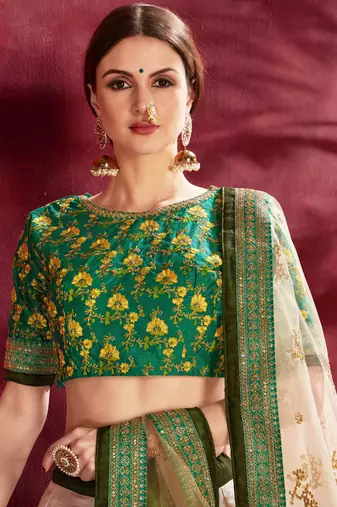 GREEN DORI AND SEQUINS EMBROIDERED & DIGITAL FLORAL PRINTED ART SILK PARTY LEHENGA