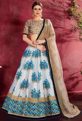 SKY BLUE DORI AND SEQUINS EMBROIDERED & DIGITAL FLORAL PRINTED ART SILK PARTY LEHENGA 1