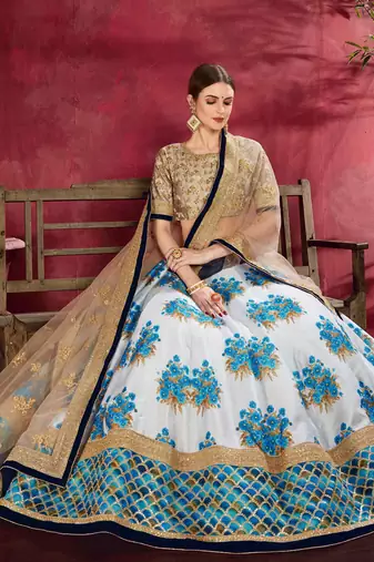 SKY BLUE DORI AND SEQUINS EMBROIDERED & DIGITAL FLORAL PRINTED ART SILK PARTY LEHENGA