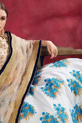 SKY BLUE DORI AND SEQUINS EMBROIDERED & DIGITAL FLORAL PRINTED ART SILK PARTY LEHENGA