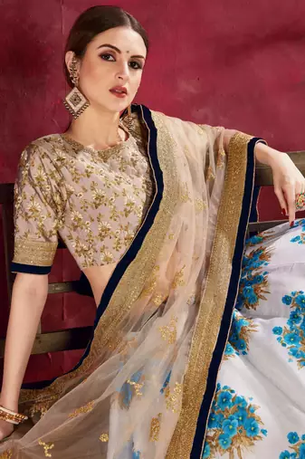 SKY BLUE DORI AND SEQUINS EMBROIDERED & DIGITAL FLORAL PRINTED ART SILK PARTY LEHENGA