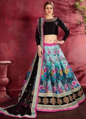 PEACOCK BLUE AND BLACK DORI AND SEQUINS EMBROIDERED ART SILK LEHENGA CHOLI FOR WEDDING 1