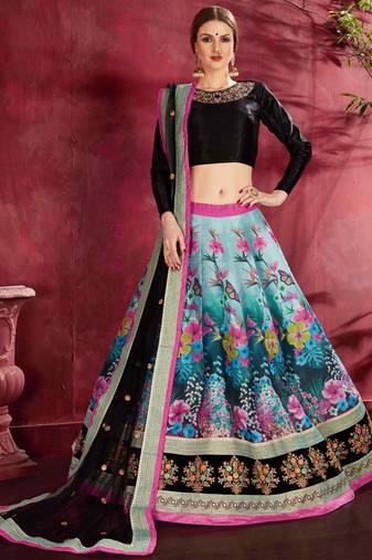 PEACOCK BLUE AND BLACK DORI AND SEQUINS EMBROIDERED ART SILK LEHENGA CHOLI FOR WEDDING