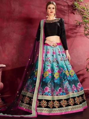PEACOCK BLUE AND BLACK DORI AND SEQUINS EMBROIDERED ART SILK LEHENGA CHOLI FOR WEDDING 2
